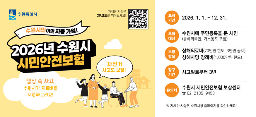 수원특례시 자세한 사항은 QR코드를 찍어보세요!  수원시민이면 자동가입!    2026년 수원시 시민안전보험  일상 속 사고, 수원시가 치료비를 지원해드려요!  자전거 사고도 보장!    보험기간 2026. 1. 1. ~ 12. 31.  보험대상 수원시에 주민등록을 둔 시민(등록외국인, 거소동포 포함)  보장항목 상해의료비(70만원 한도, 3만원 공제) 상해사망 장례비(1,000만원 한도)  청구기간 사고일로부터 3년  문의처 수원시 시민안전보험 보상센터(02-2135-9453)  ※ 자세한 사항은 수원시청 홈페이지를 확인하세요!